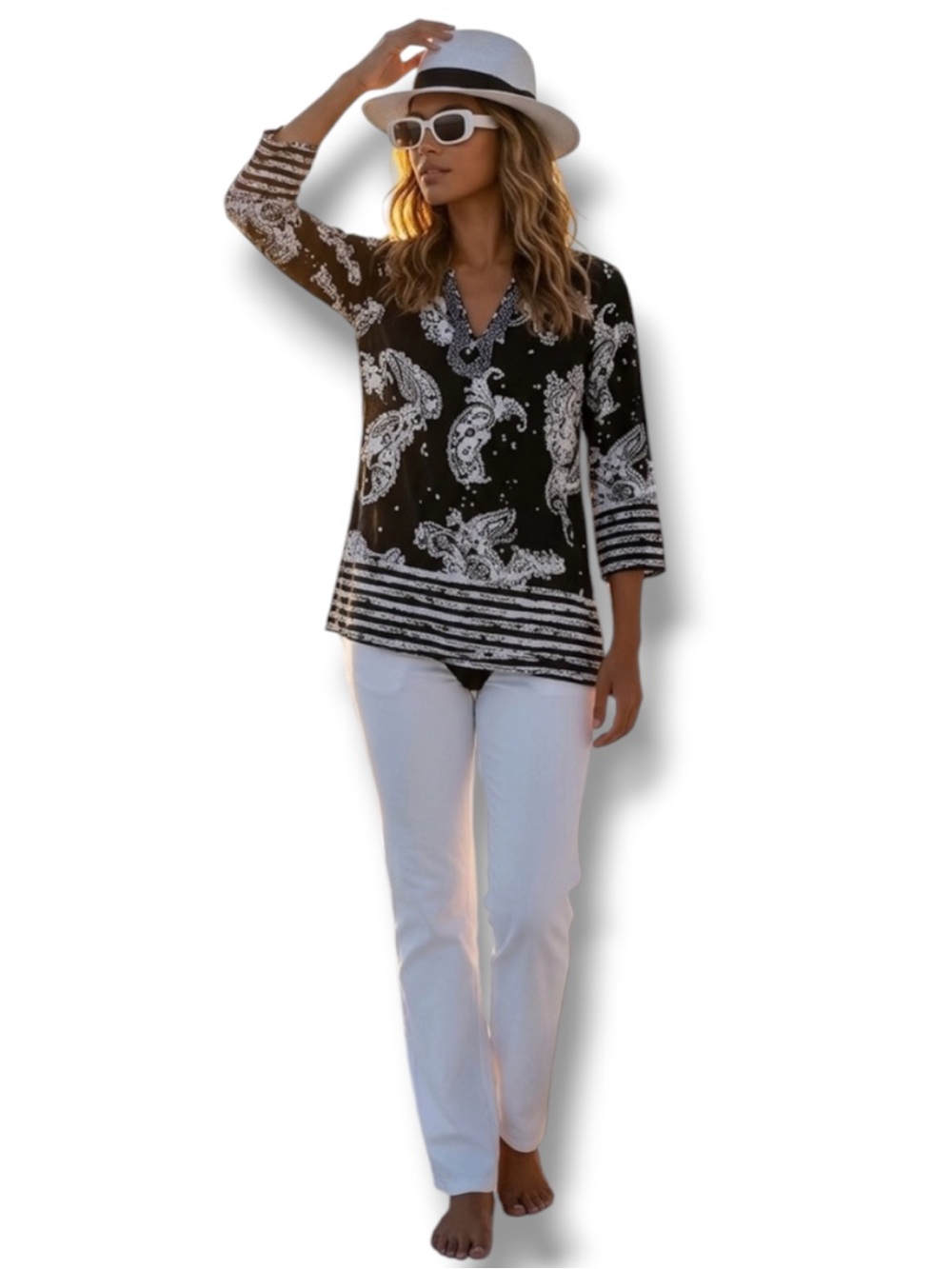 MICHAEL Michael KORS Top Navy Paisley Floral Print Cutout Lace-up Tunic Size M